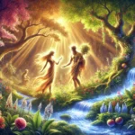 A surreal digital painting of Adam and Eve in the Garden of Eden, bathed in golden light. Eve reaches for a fruit while Adam gazes at a flowing river, symbolizing awareness, creation, and the power of manifestation.