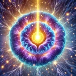 A mystical digital painting of a glowing pineal gland, radiating energy in deep blue and violet hues, surrounded by cosmic light and neural connections, symbolizing spiritual awakening and higher consciousness