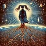 surreal digital painting of a girl with pigtails standing firmly as tree-like roots emerge from her feet, symbolizing grounding, stability, and conscious creation.