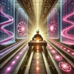 An older woman sits at a sleek, futuristic workbench, facing four conveyor belts carrying glowing energy items. She sorts them with focus, symbolizing alignment and conscious reality creation.