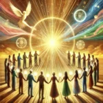 A diverse group of people standing in a glowing circle, exchanging gifts of light between their hands. The energy flows seamlessly, symbolizing collaboration, abundance, and the shift from scarcity to unity