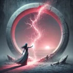 A person standing before a crumbling wall with glowing cracks of light breaking through. The figure reaches out, touching the dissolving wall, symbolizing the release of old beliefs and personal transformation
