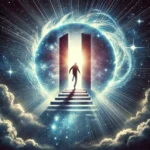 A person stepping over a glowing threshold, leaving behind darkness and entering a radiant, expansive future