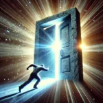 A determined person pushing against a heavy door of resistance, with bright light seeping through the cracks. The image symbolizes breaking through self-imposed limits, overcoming fears, and stepping into personal growth and abundance