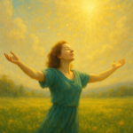 A serene woman in a flowing teal dress stands in a sunlit field with arms open, her face lifted toward a radiant sky filled with golden light—symbolizing spiritual awakening, grace, heart expansion, and joyful alignment.