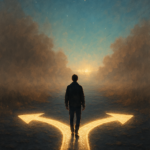 A solitary person stands at a glowing three-way fork in a dark road, surrounded by mist, with golden arrows pointing forward into a clearing sky—symbolizing choice, clarity, and breaking free from energetic or emotional blocks.