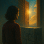 A woman stands in shadow before a golden-lit doorway, blocked by a low stone wall. The glowing sky beyond symbolizes inner truth and clarity, while the barrier reflects limiting beliefs or projections from others.