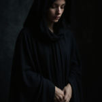 A solemn woman stands in a dimly lit space wearing a heavy black cloak, her face softly illuminated as she gazes downward in quiet reflection, symbolizing transformation, inner truth, and reclaiming identity.