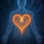 A translucent human figure with arms open stands against a starry cosmic background, radiating a glowing, heart-shaped energy field from the chest, symbolizing spiritual awakening and the Heart Portal activation.