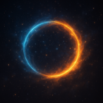 A luminous, circular energy loop glows in deep space, with swirling blue and orange light blending together against a backdrop of stars, symbolizing repeating patterns, karmic cycles, and the flow of universal energy.