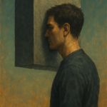 A man stands in profile with his face pressed against a large concrete block, symbolizing mental or energetic blockage.