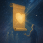 A glowing golden scroll marked with a heart floats in a starry sky as translucent soul figures gather around it, symbolizing pre-birth planning, soul contracts, and the divine orchestration of life purpose.