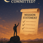 Person standing on a rock under a night sky with a crescent moon and glowing stars, facing a large scroll titled "Mission Statement" symbolizing personal reflection, goal-setting, and spiritual transformation during the new moon.