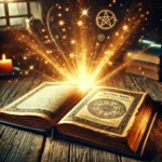 An ancient book glowing with mystical energy, symbolizing practical magic and the power of manifestation.
