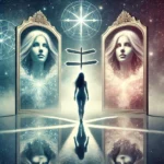 A woman standing at a crossroads, looking at two mirrors—one clear and bright, the other foggy and distorted—symbolizing clarity, confusion, and universal guidance.