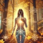 A symbolic and photorealistic image of a woman glowing with crystalline light in a golden forest during the Fall Equinox, symbolizing personal transformation and energetic rebirth.