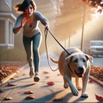 A woman being pulled off balance by her dog on a stretched retractable leash, symbolizing the tension and consequences of holding on too tightly.