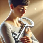 A woman with short hair gently hugs a large silver key to her chest, bathed in warm light—symbolizing the power of self-love and the key to attracting true love.