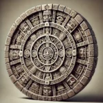 A highly detailed, circular stone Mayan calendar featuring intricate carvings of glyphs, deities, and geometric patterns in an authentic Mesoamerican style.