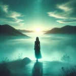 A woman standing on a peaceful mountain overlook at sunrise, surrounded by mist, symbolizing awakening from a fog and embracing change