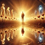 A person stands in a luminous field of golden light, gazing into a reflective pool where their own glowing reflection transforms into a divine partnership. In the distance, silhouettes of soul mates and twin flames fade into the background, symbolizing past lessons. 