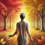 A woman standing in a peaceful autumn landscape, holding old eyeglasses as golden leaves fall around her, symbolizing clarity and embracing change
