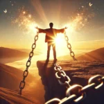 A person stands on the edge of a cliff at sunrise, arms open wide as they embrace the new day. Chains on their wrists dissolve into light, symbolizing freedom from the past and personal transformation.
