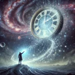 A surreal cosmic scene featuring a person standing in a vast, star-filled sky as a luminous clock face dissolves into light particles around them. They reach toward the dissolving clock, symbolizing their realization of time as an illusion.