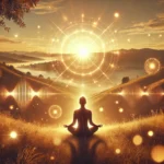 A peaceful outdoor sunrise scene with a person meditating, surrounded by a warm golden glow. Subtle energy waves radiate outward, symbolizing gratitude and abundance, while floating sparkles of light represent positive manifestation.
