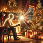 A cozy holiday living room with twinkling lights, a decorated Christmas tree, and a warm fireplace with stockings. A person sits peacefully in a chair, holding a cup of hot cocoa, surrounded by a soft glow of light, symbolizing inner peace and joy radiating outward. The scene evokes warmth, gratitude, and the deeper meaning of the season.