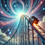 A thrilling roller coaster climbing to the top of the biggest hill, surrounded by swirling cosmic energy, stars, and beams of light, symbolizing the buildup to the Cosmic Shift.
