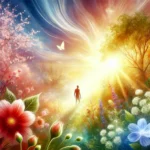 A vibrant and uplifting spring scene with flowers blossoming, trees sprouting new leaves, and soft sunlight symbolizing renewal and transformation. A person stands amidst the beauty, embracing the energy of growth.