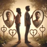 couple standing back to back, each holding a mirror reflecting their true self, symbolizing honesty and growth in relationships.