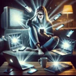 image of a woman sitting on a couch surrounded by glowing, buzzing devices—TV, smartphone, and laptop—all going off at once, symbolizing the chaos of external distraction.
