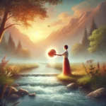 A serene image of a person standing by a flowing river, releasing a glowing stone symbolizing the emotional burden of resentment, as it dissolves into the water. The scene represents the healing power of forgiveness