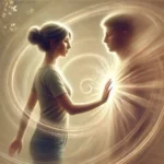 A symbolic image of a woman holding a broken heart in her hands while trying to hand it to a man who is gently stepping away, illustrating the emotional tension and disconnect caused by trying to fix others in relationships