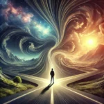 A powerful digital painting of a person standing at the edge of a vast landscape with multiple paths unfolding before them, symbolizing a paradigm shift and limitless possibilities.