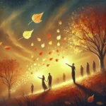 A symbolic digital painting of people standing on a hill, gently releasing glowing leaves into the wind, symbolizing letting go and embracing change.