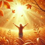 A heartfelt digital painting of a person standing in a field of autumn leaves, gazing toward a golden light, symbolizing gratitude, resilience, and remembrance.
