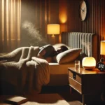 A peaceful bedroom with a cozy bed, blackout curtains, warm lighting, and a person sleeping soundly under a blanket.