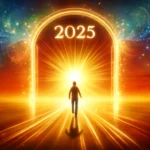A person stepping confidently through a glowing archway labeled "2025," symbolizing new beginnings, personal growth, and limitless possibilities