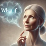 A realistic digital painting of a middle-aged woman speaking, with a "What if..." speech bubble emerging from her mouth, symbolizing curiosity, possibility, and the power of open-ended questions