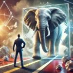 A person stands before a large, semi-transparent elephant symbolizing unseen obstacles and fears, preparing to step forward.