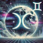 A cosmic scene featuring Mercury appearing to move backward with dual Gemini symbols overlaying the space. Glitching digital elements represent communication and technology issues, creating a mystical celestial atmosphere.