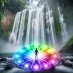 A person standing at the base of a majestic waterfall, surrounded by a glowing aura of seven vibrant colors, representing the Seven Rays of Healing. Their hands are raised slightly, as if channeling the energy, while mist from the waterfall creates an ethereal effect.