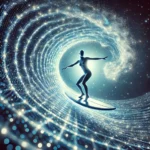 A person balancing on a surfboard, riding a glowing energy wave made of shimmering light, symbolizing navigating energetic shifts with grace and ease.