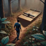 A person cautiously walking towards a hidden trap in the forest, symbolizing how people unknowingly fall into cycles of external validation and false happiness.