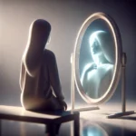 A contemplative woman gazing into a mirror, symbolizing self-reflection and uncovering hidden truths.