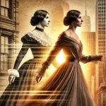 A photorealistic image of a woman transitioning from an older historical era into modern times, symbolizing personal transformation and evolution.