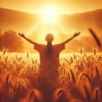 A serene and uplifting image of a person standing in an open field, arms raised to the sky, bathed in warm sunlight, symbolizing deep appreciation and gratitude.